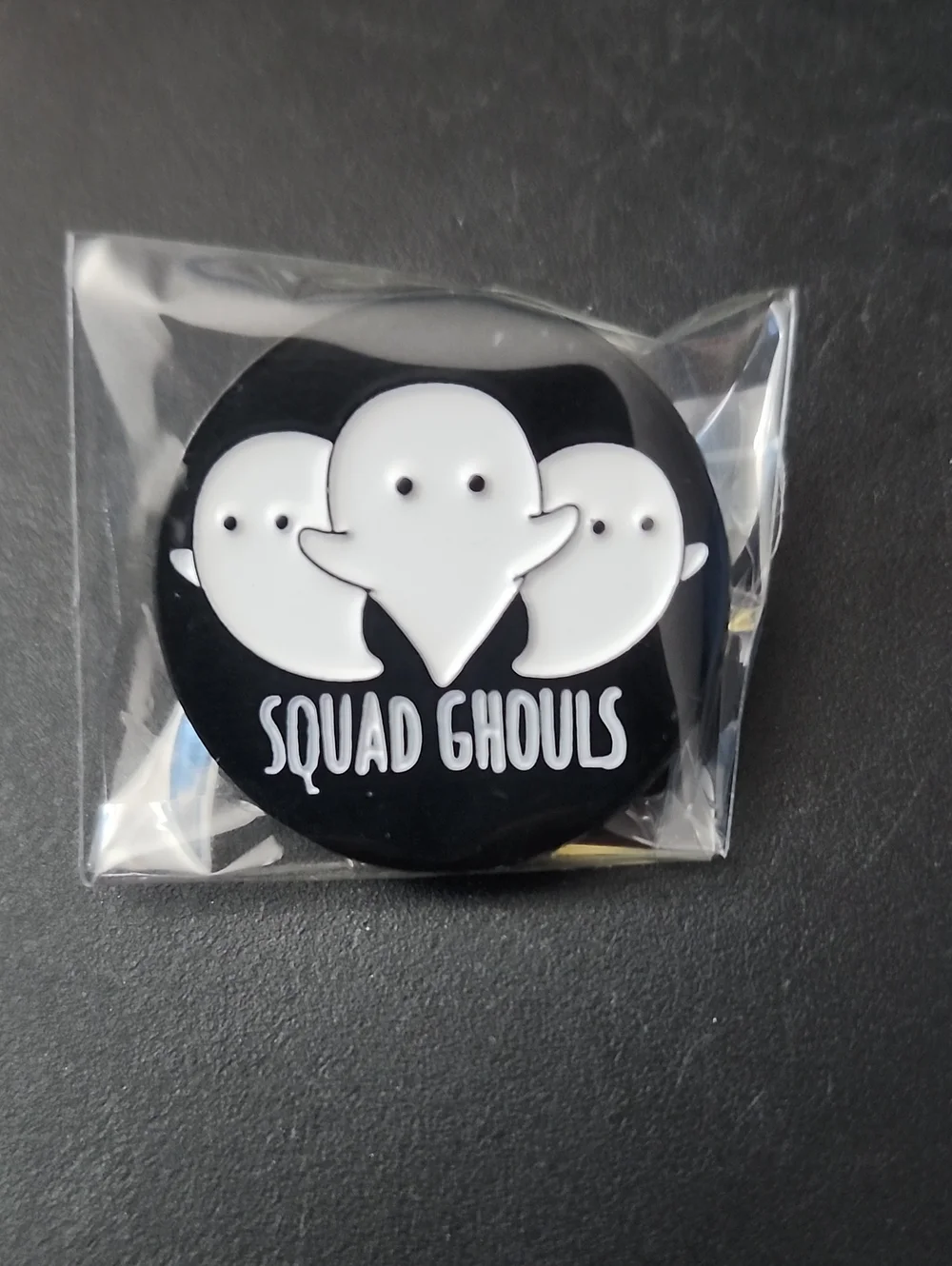 Squad Ghouls Black & White Ghost Pin Button - Cute Halloween Accessory